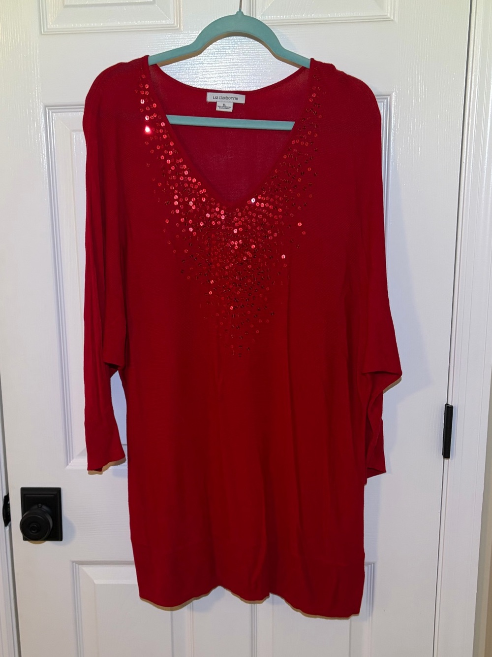 Liz Claiborne Extra Long Red Sequin V-Neck Women's Top w Dolman Sleeves. XL